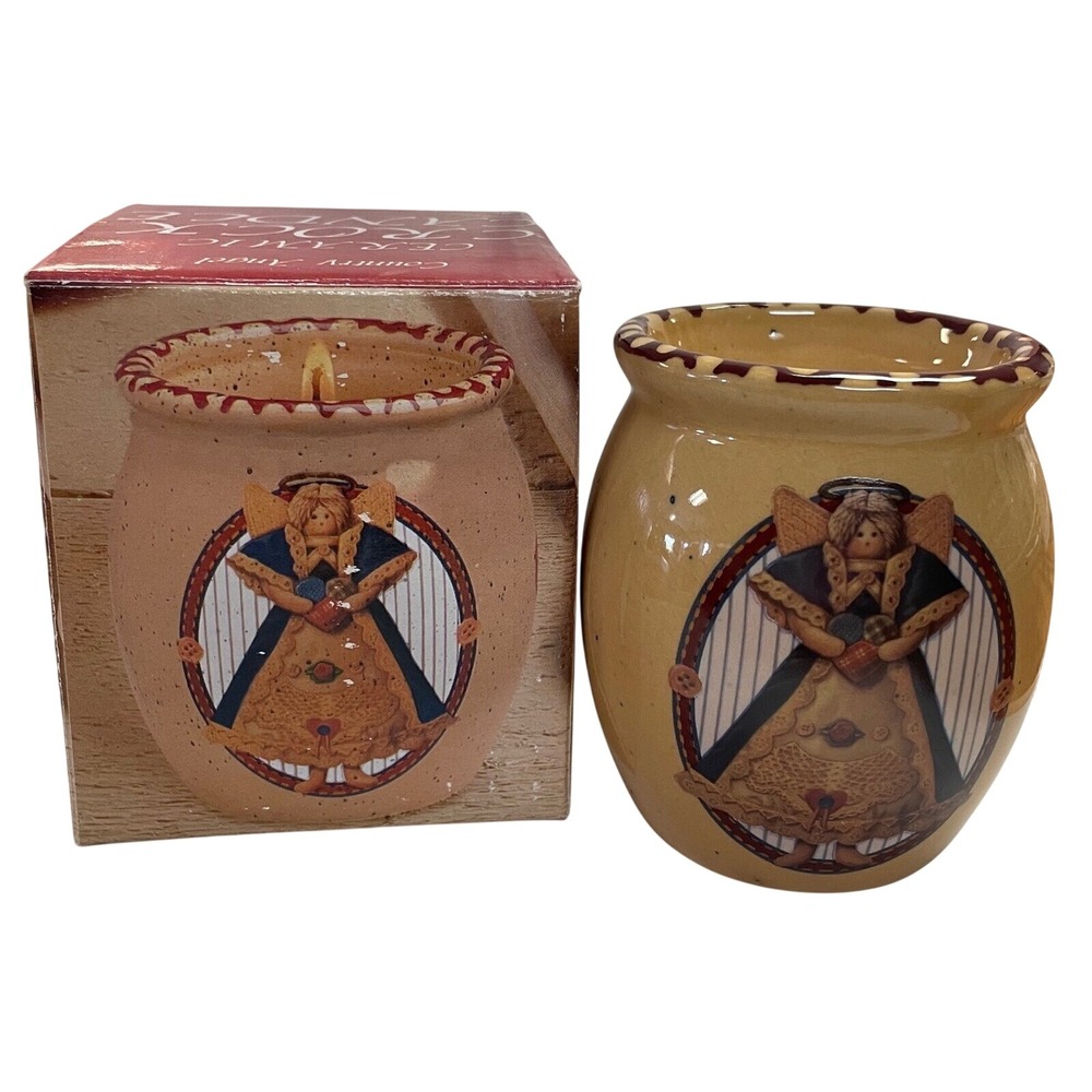 Giftco Country Angel Ceramic Crock Candle Tan Primitive Farmhouse Decor 05125